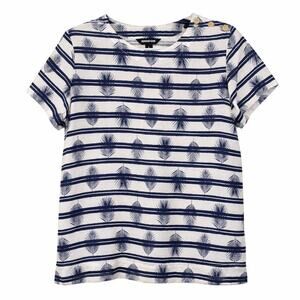 Lands End Top Womens Large Blue White Stripe 100% Linen Palm Print Short Sleeve